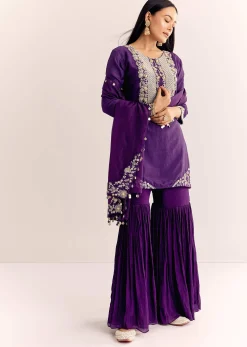 Purple Moti Threadwork Dola Silk Sharara Suit With Organza Dupatta