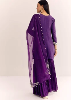 Purple Moti Threadwork Dola Silk Sharara Suit With Organza Dupatta