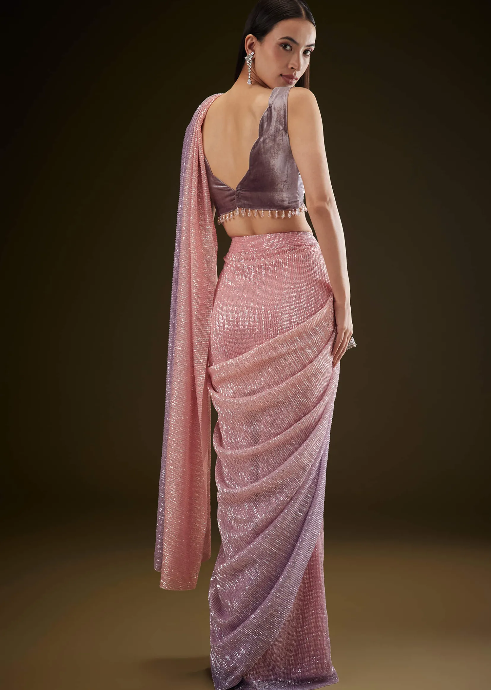 Purple Ombre Ready Draped Sequin Saree With Fancy Blouse