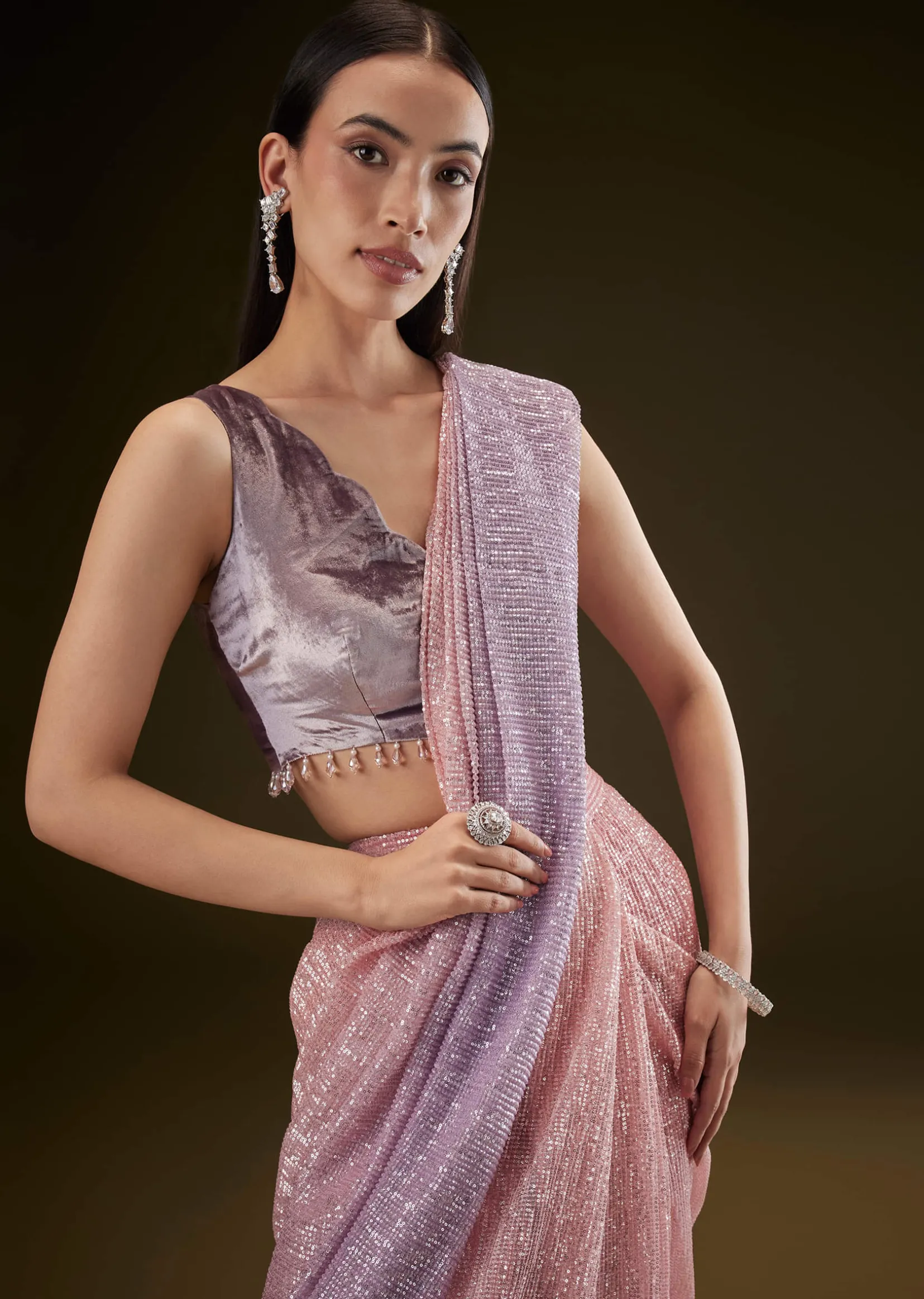 Purple Ombre Ready Draped Sequin Saree With Fancy Blouse
