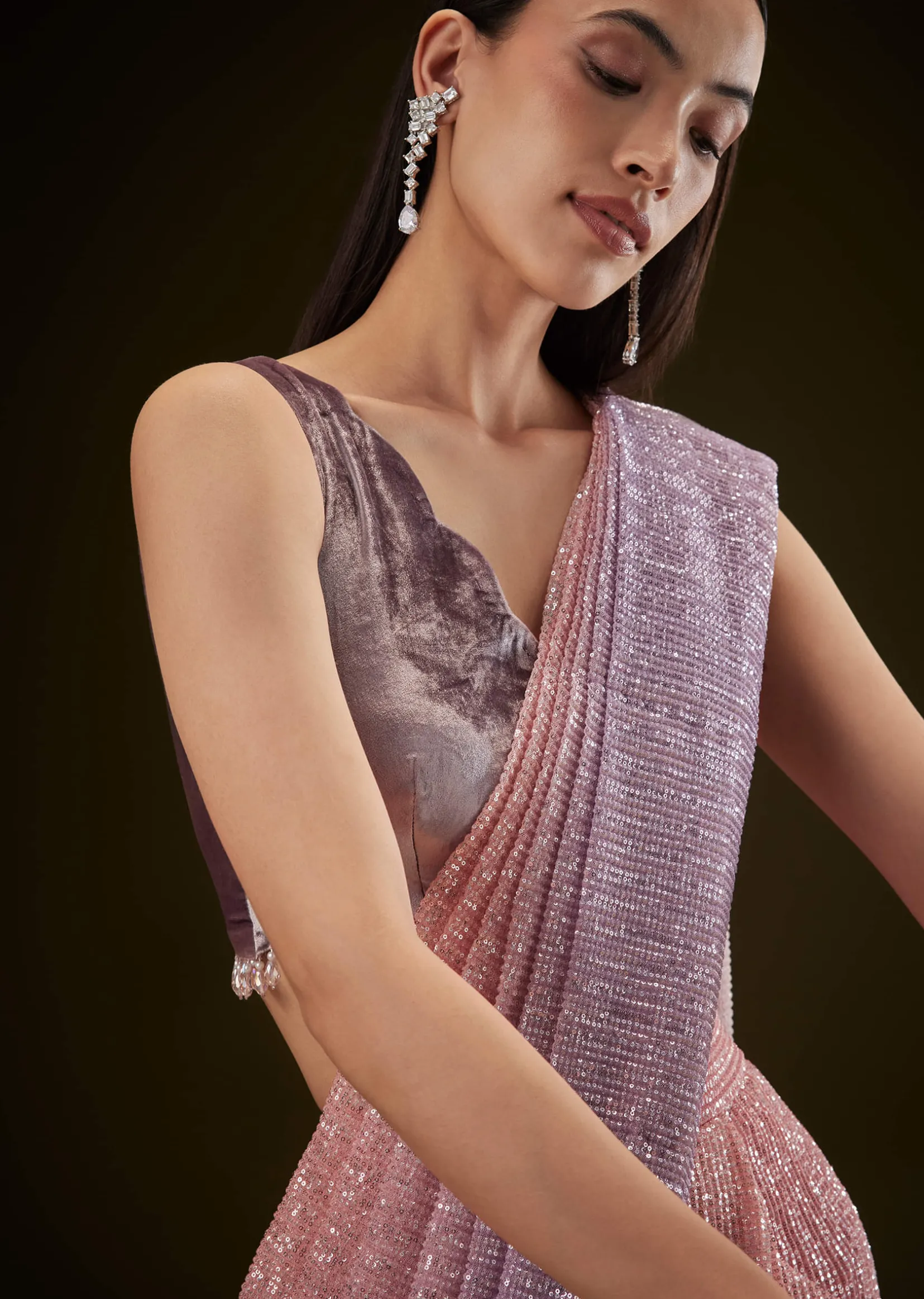 Purple Ombre Ready Draped Sequin Saree With Fancy Blouse