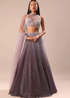 Purple Ombre Sequin Lehenga With Ruched Halter Blouse
