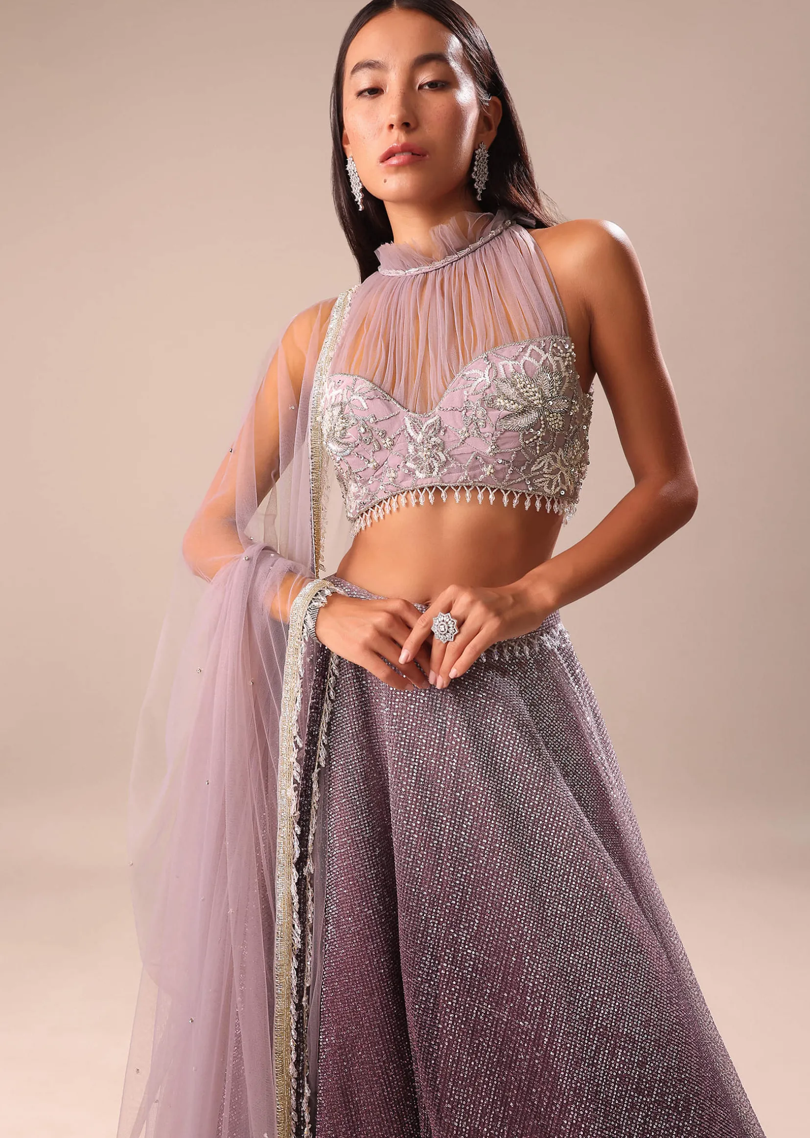 Purple Ombre Sequin Lehenga With Ruched Halter Blouse
