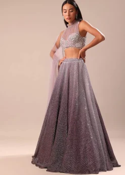 Purple Ombre Sequin Lehenga With Ruched Halter Blouse