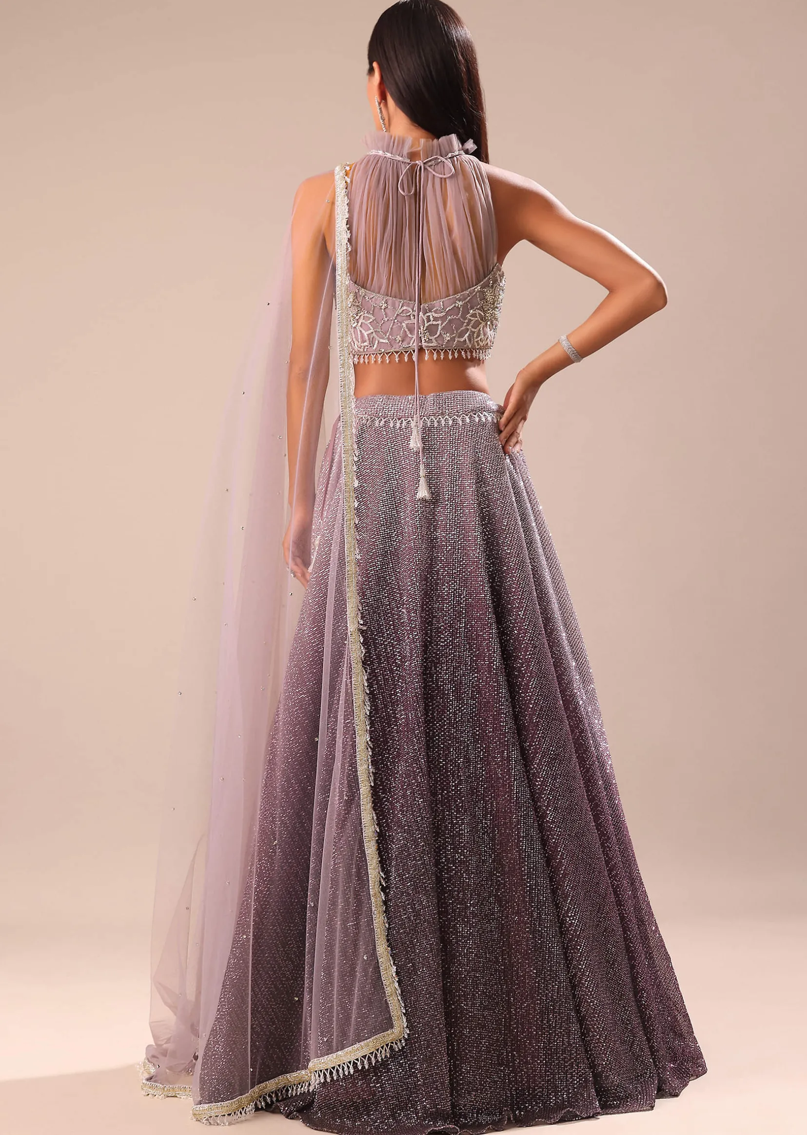 Purple Ombre Sequin Lehenga With Ruched Halter Blouse