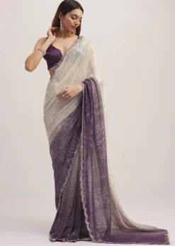 Purple Ombre Sequins Saree With Scallop Border