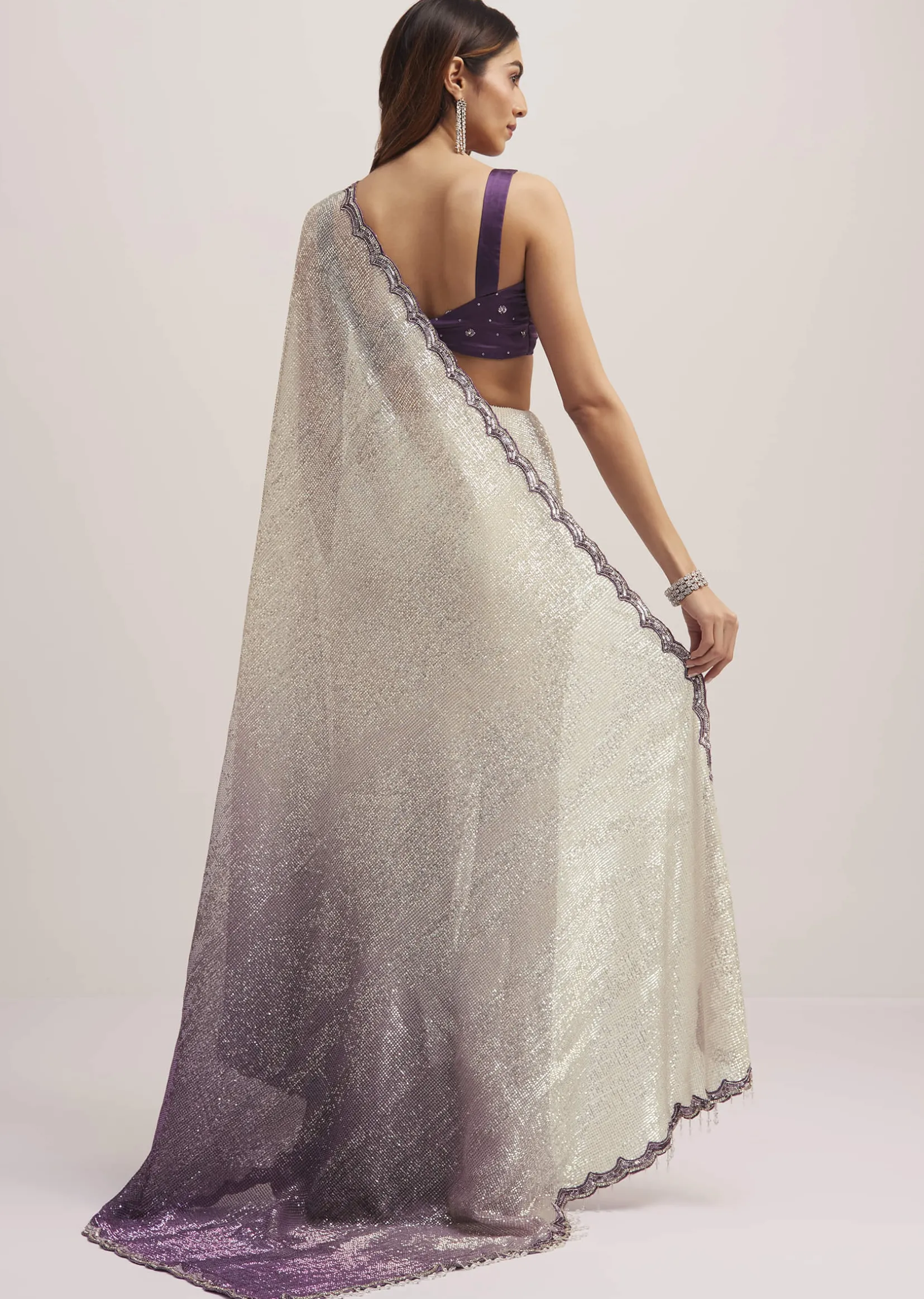 Purple Ombre Sequins Saree With Scallop Border