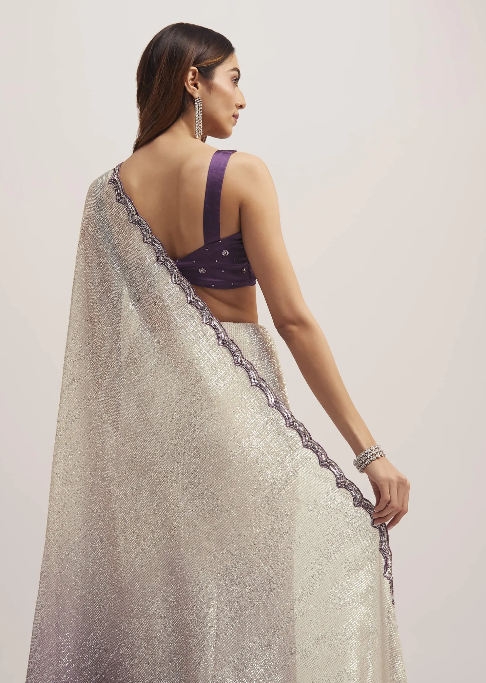 Purple Ombre Sequins Saree With Scallop Border