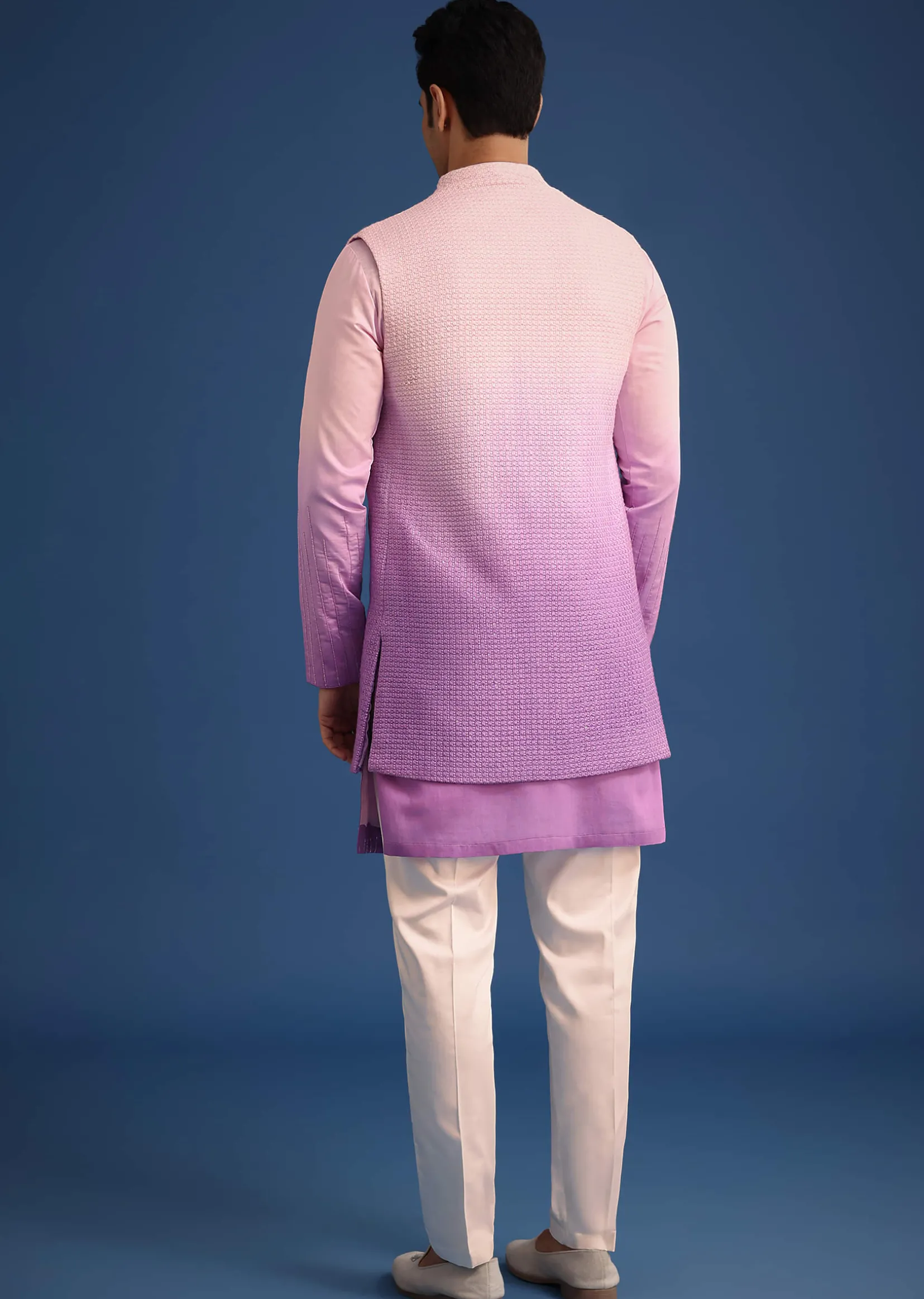 Purple Ombre Silk Zardozi Work Long Jacket And Kurta Set