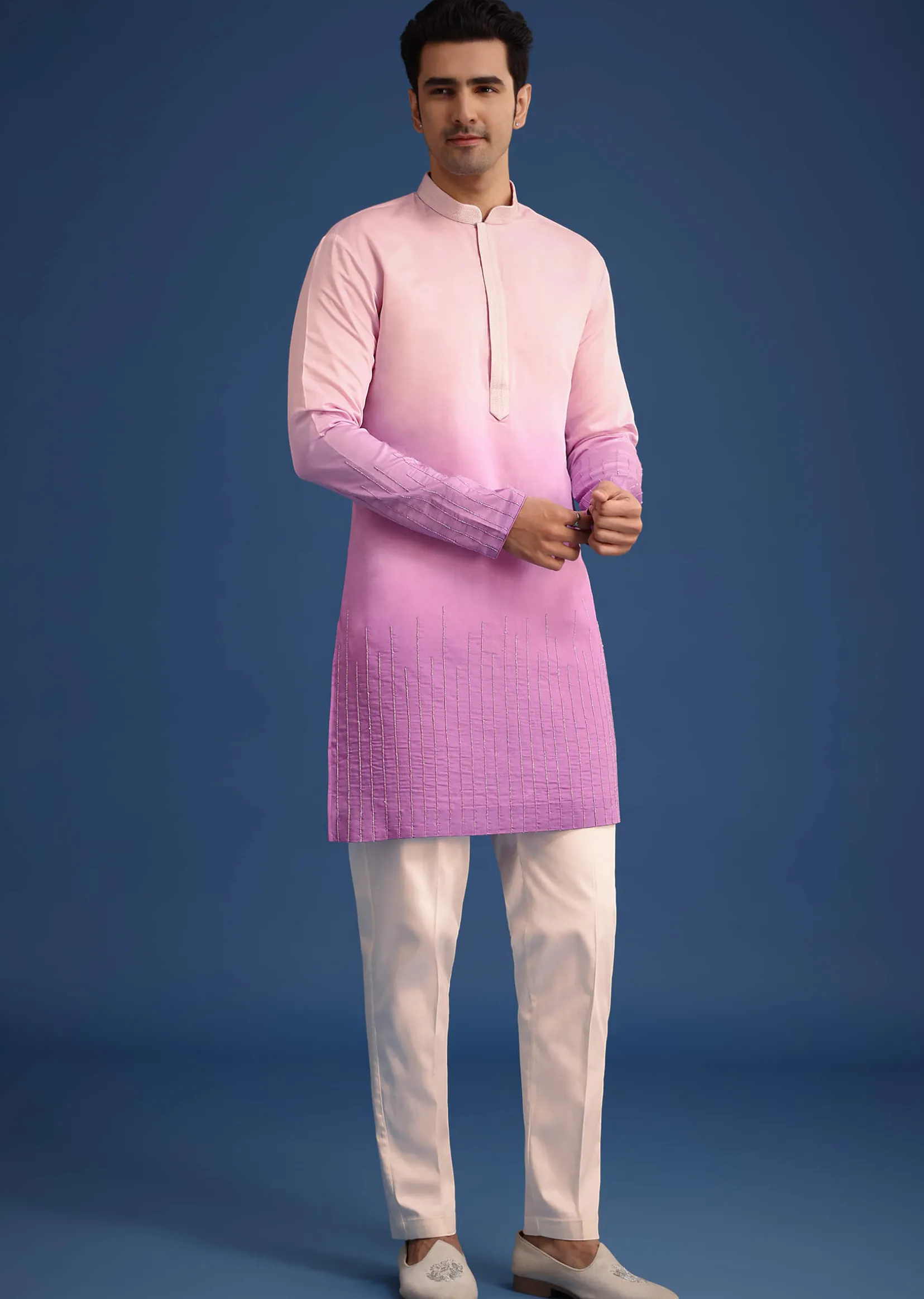 Purple Ombre Silk Zardozi Work Long Jacket And Kurta Set