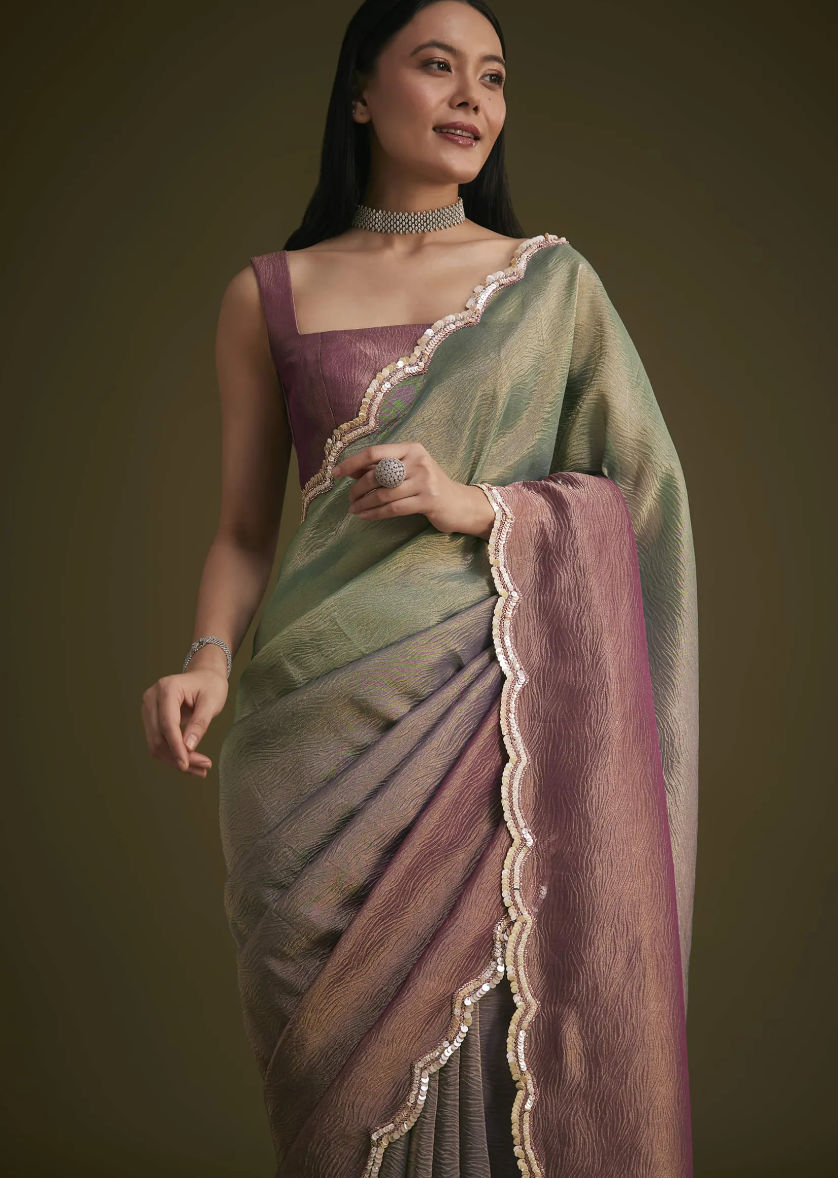 Purple Ombre Tissue Saree With Scallop Border