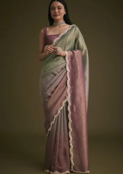 Purple Ombre Tissue Saree With Scallop Border