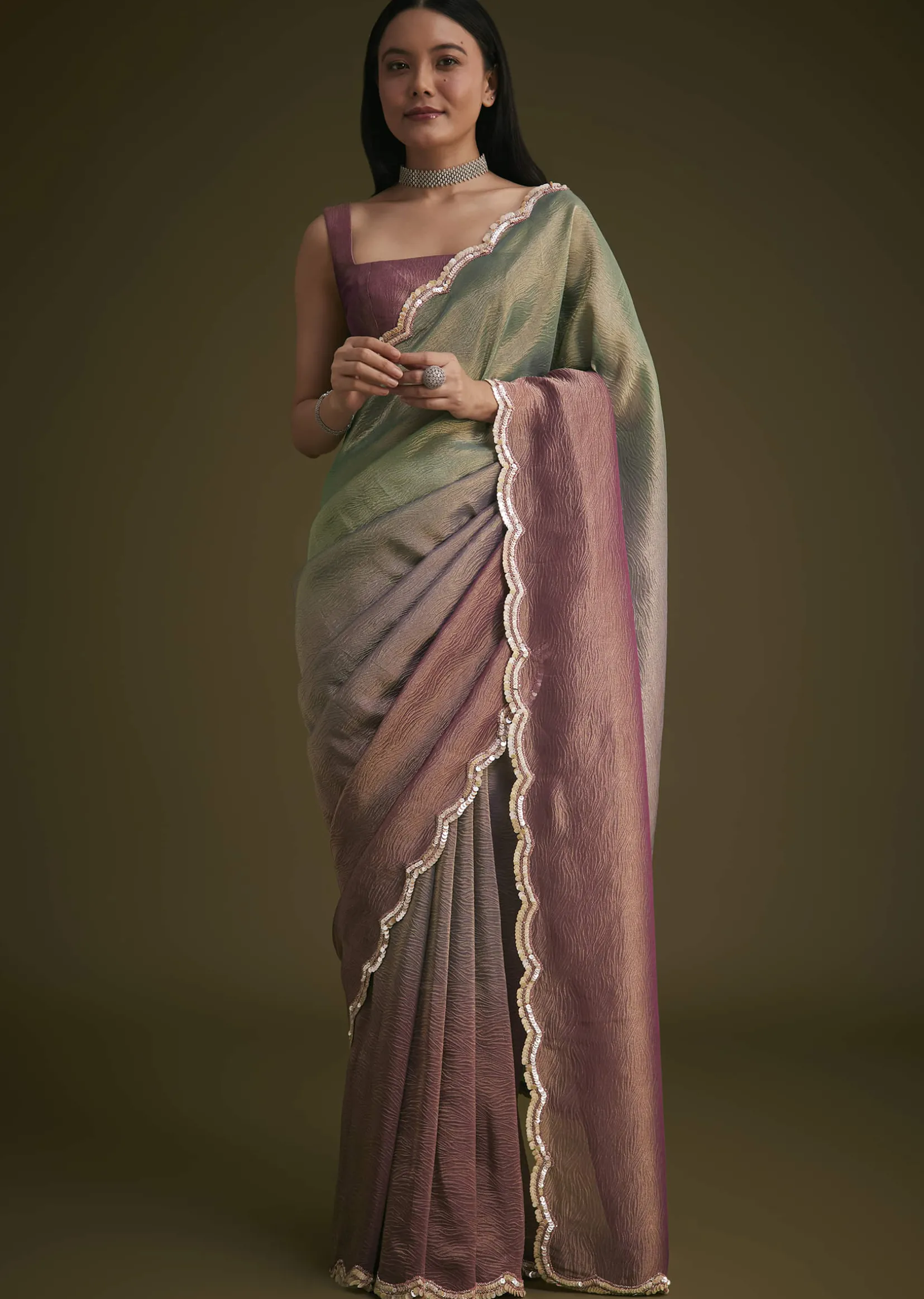 Purple Ombre Tissue Saree With Scallop Border