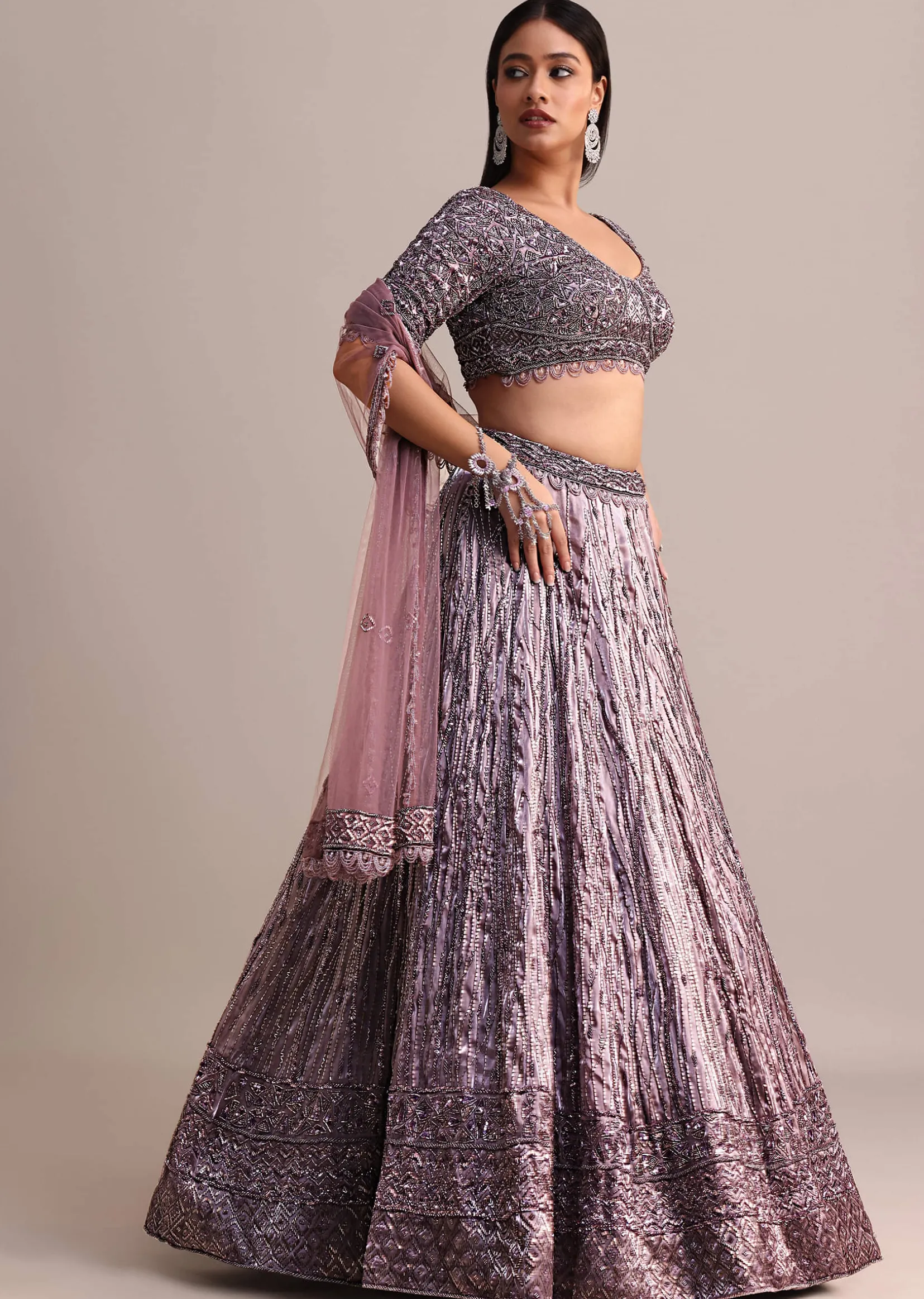Purple Organza Bridal Lehenga With Embroidered Blouse And Net Dupatta