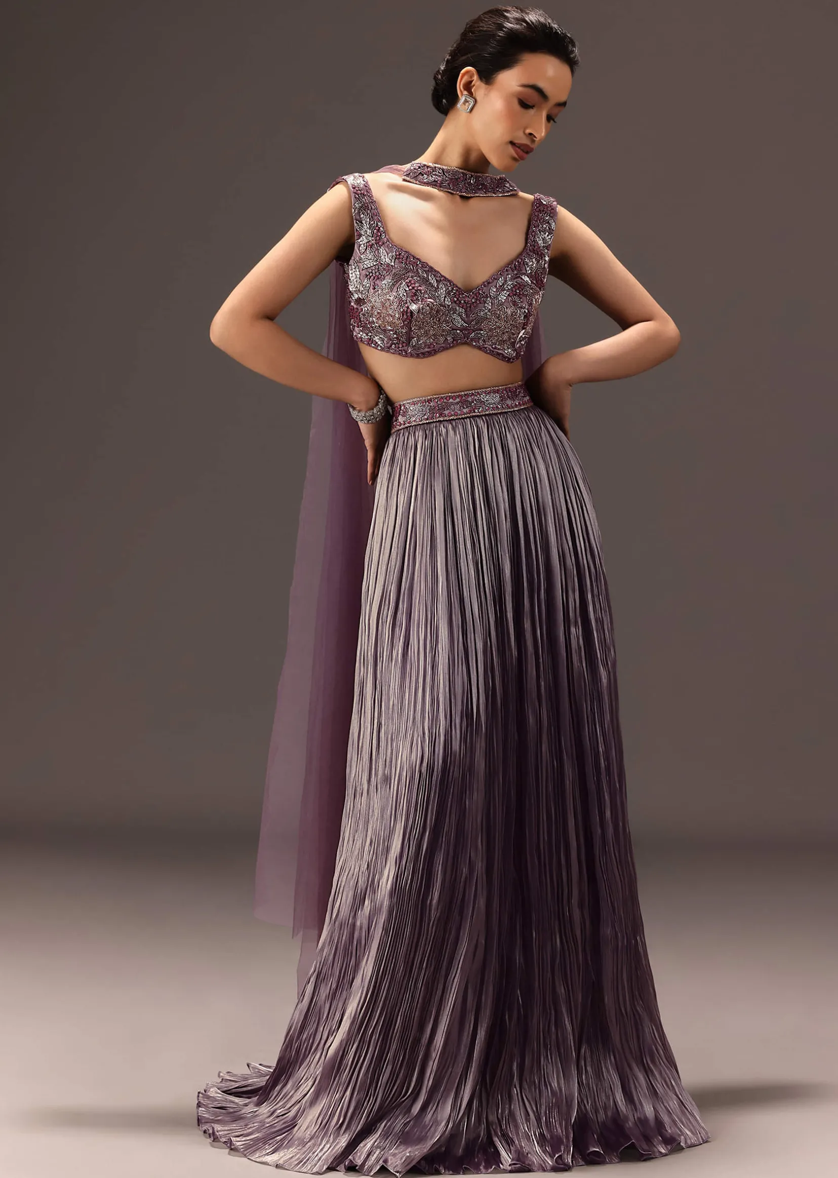 Purple Organza Hand Embellished Ruched Lehenga Set With Choker Dupatta