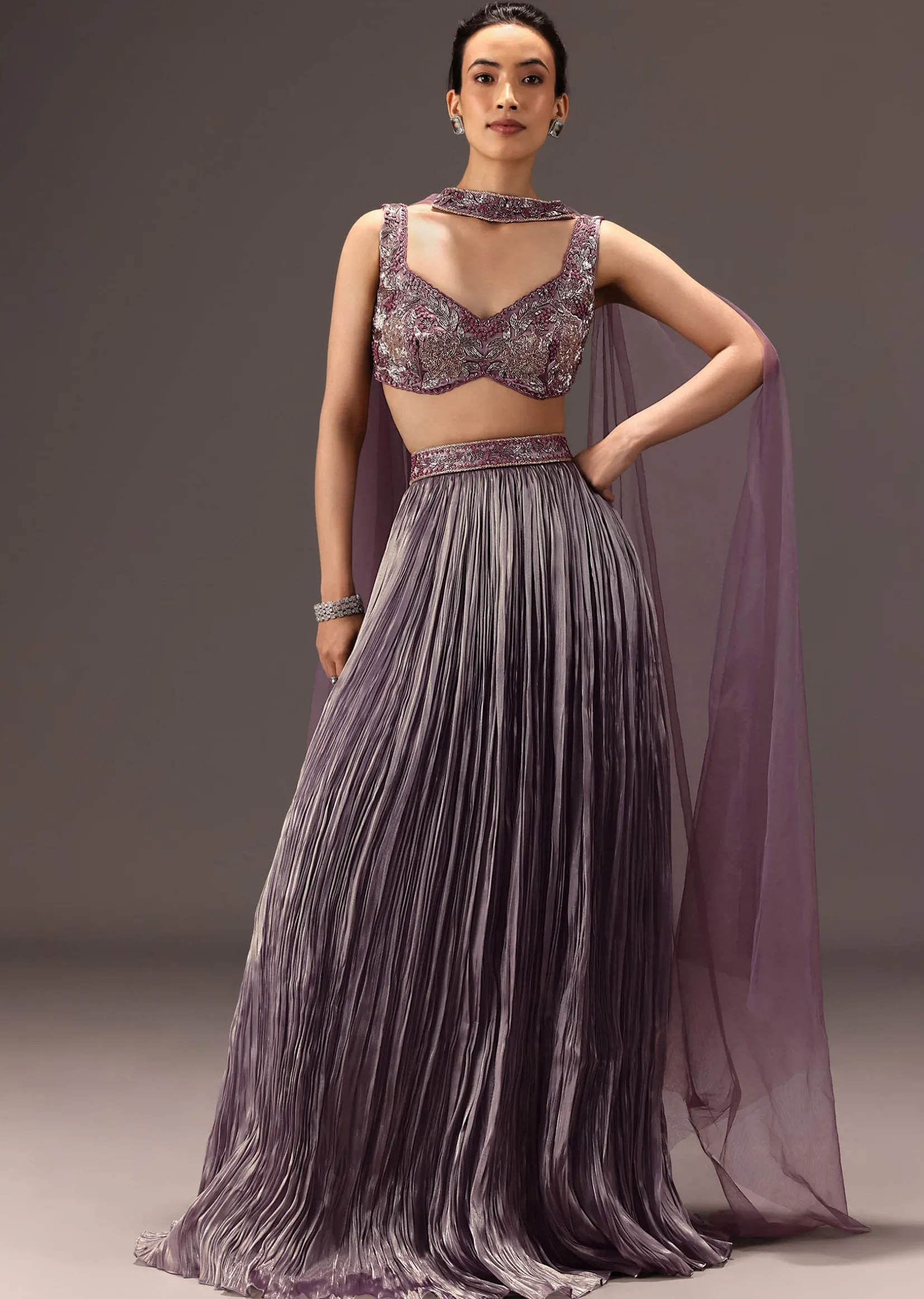 Purple Organza Hand Embellished Ruched Lehenga Set With Choker Dupatta
