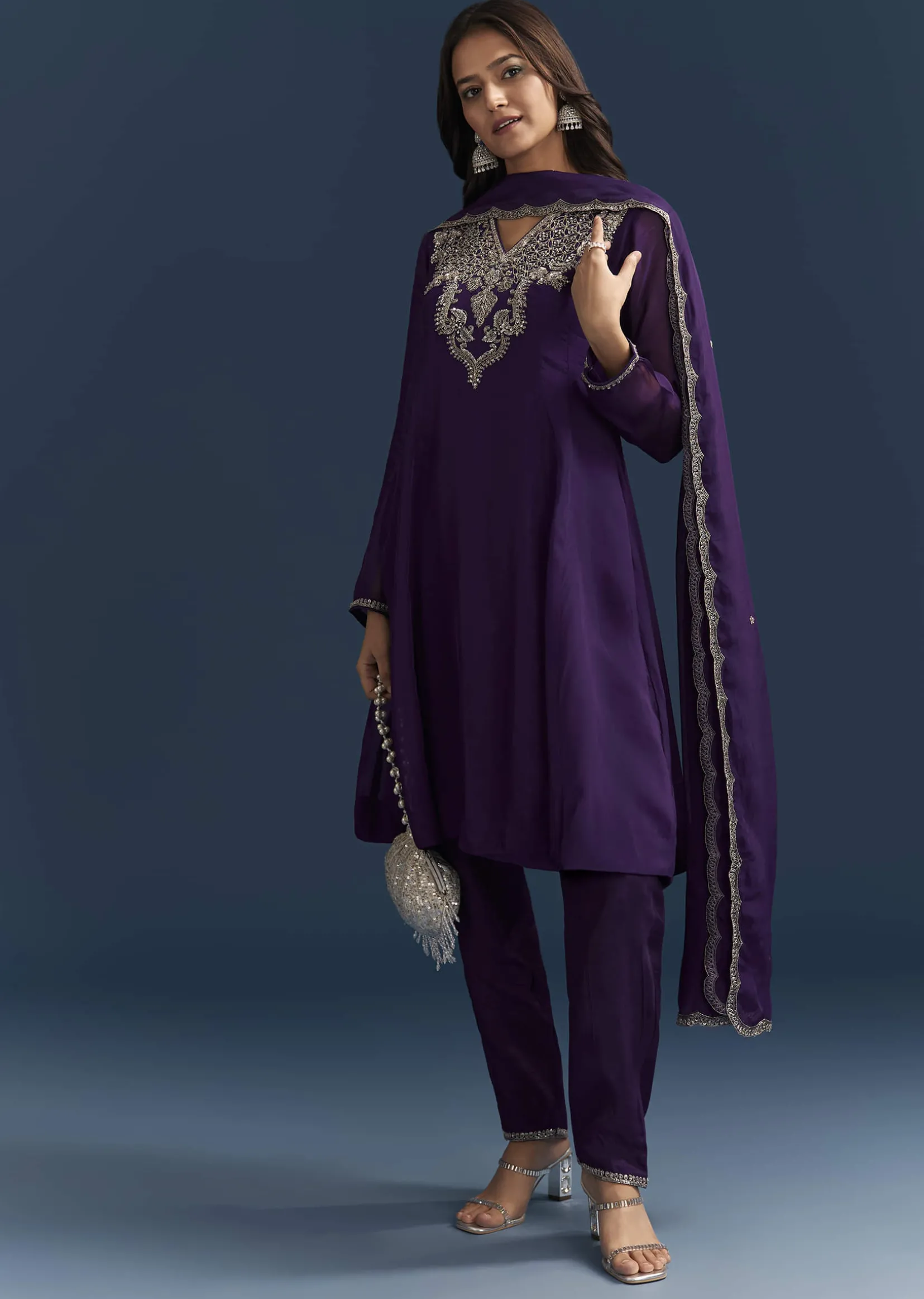 Purple Organza Kurta Set With Embroidery And Dupatta