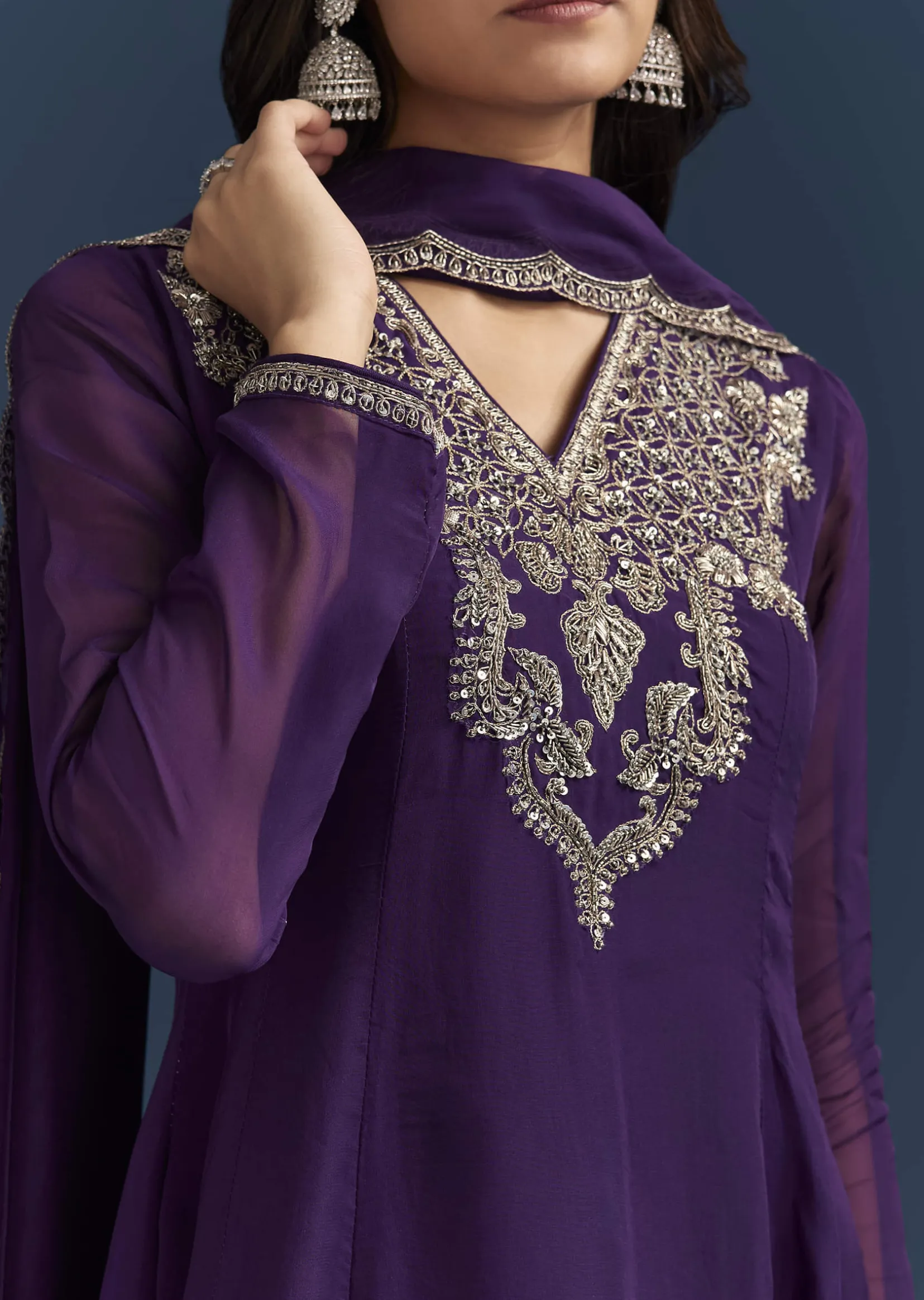 Purple Organza Kurta Set With Embroidery And Dupatta