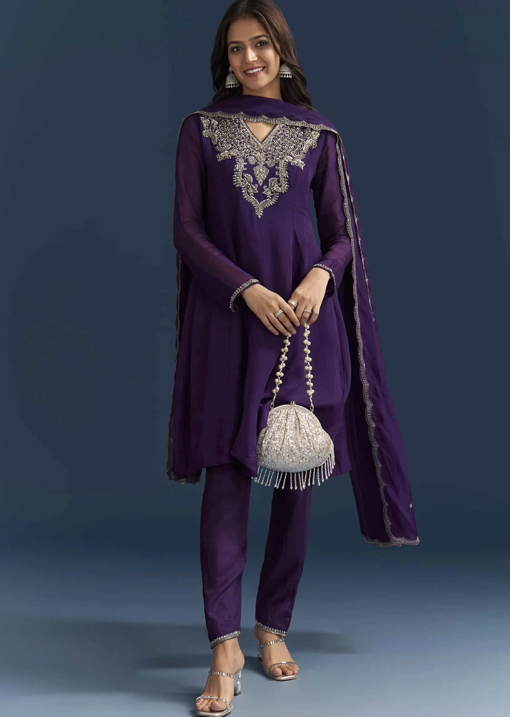 Purple Organza Kurta Set With Embroidery And Dupatta