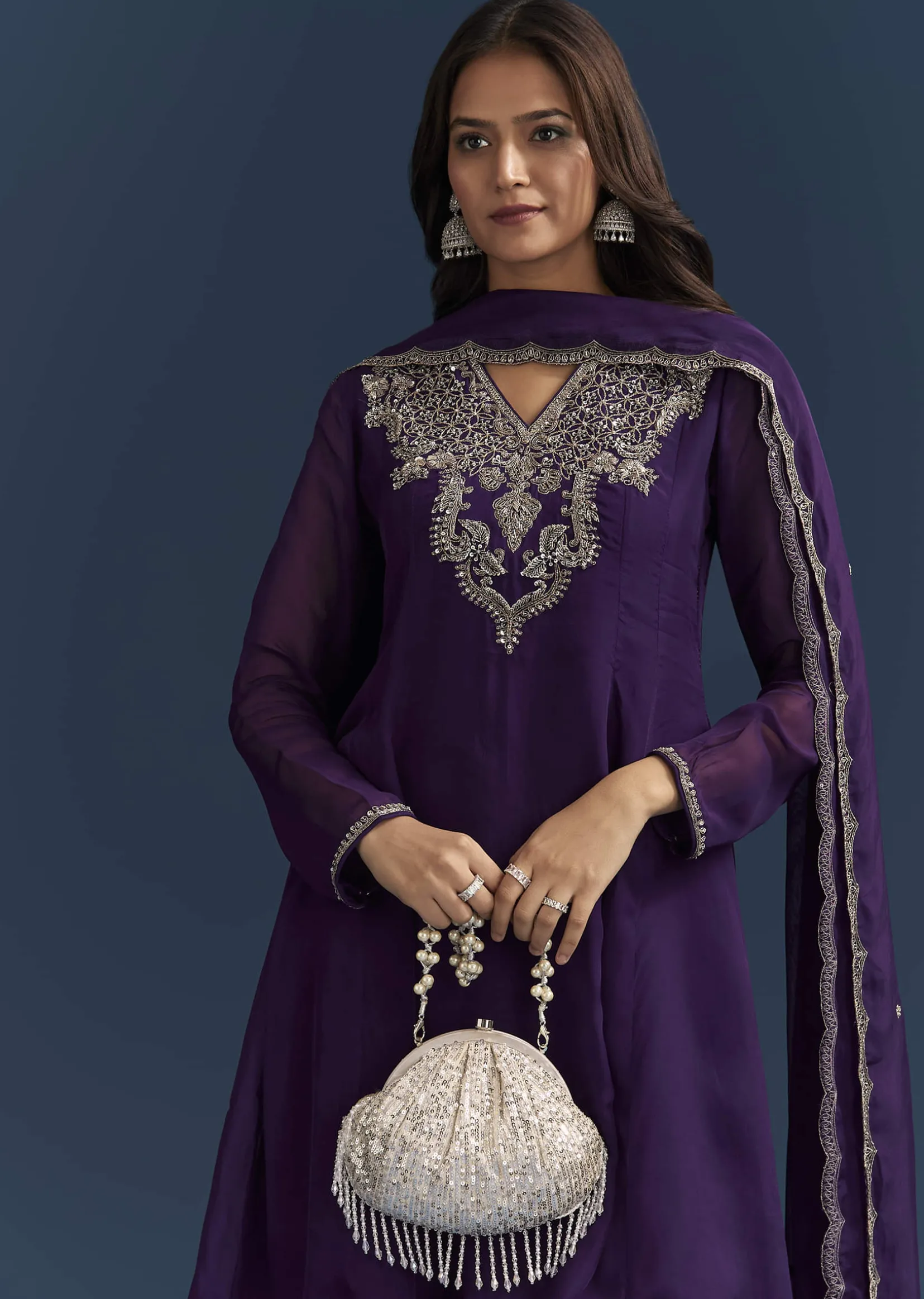 Purple Organza Kurta Set With Embroidery And Dupatta