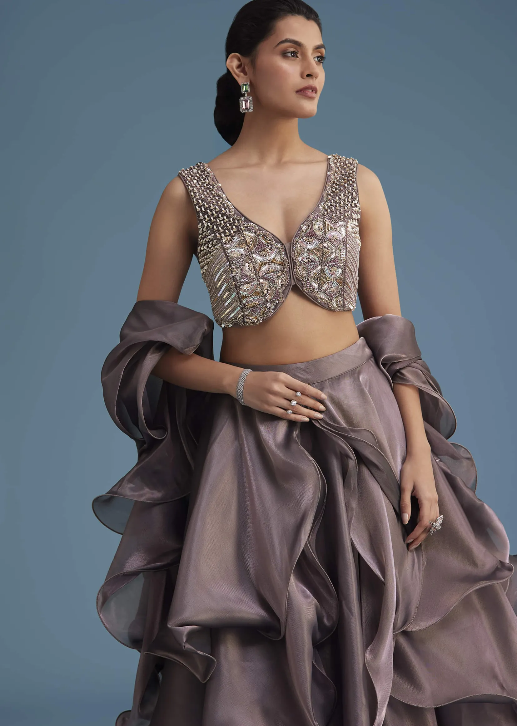 Purple Organza Ruffle Lehenga Set With Embellished Blouse