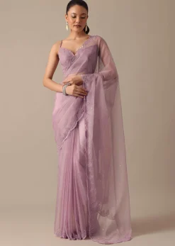 Purple Organza Saree with Embellished Border and Unstitched Blouse Piece