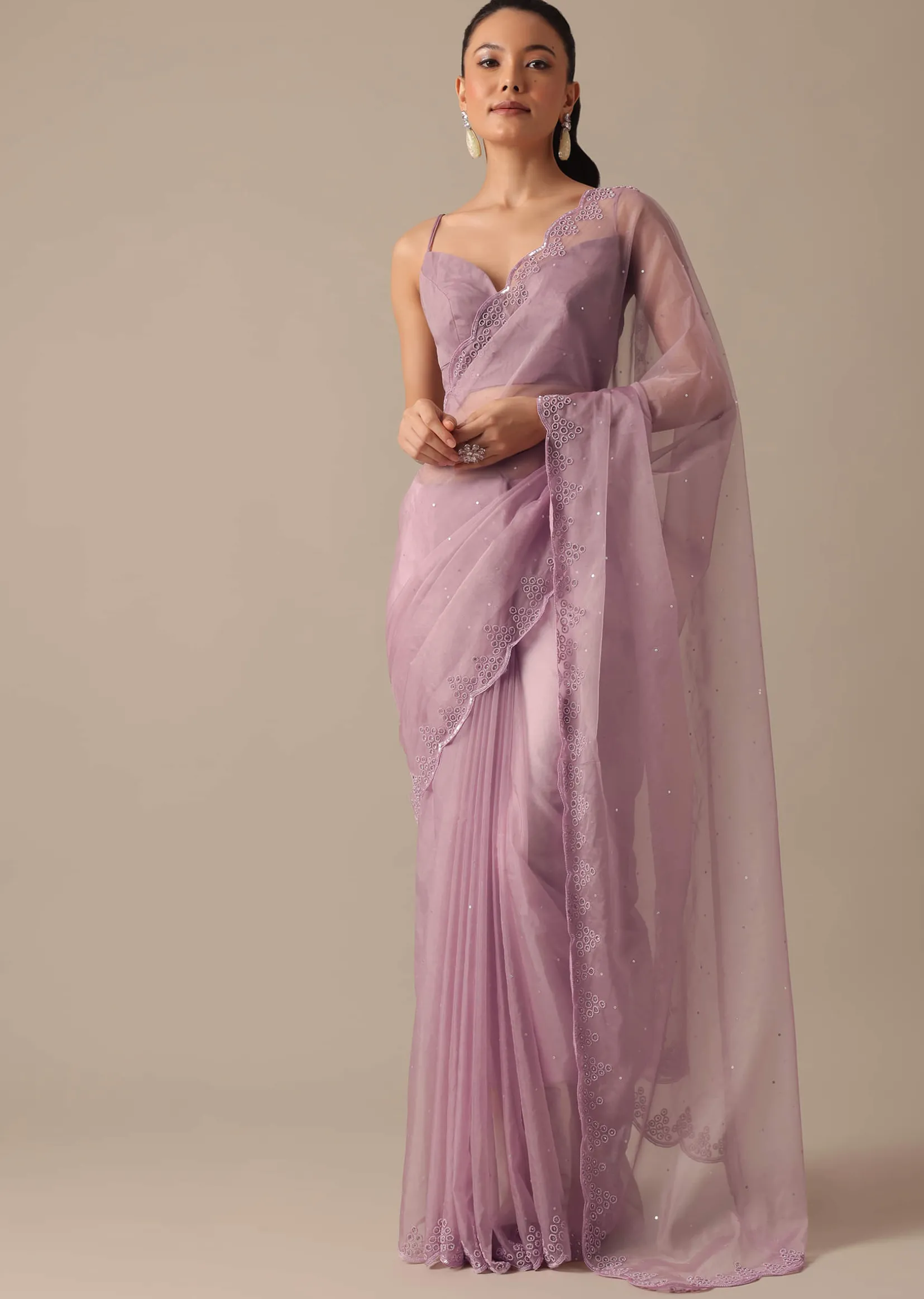 Purple Organza Saree with Embellished Border and Unstitched Blouse Piece