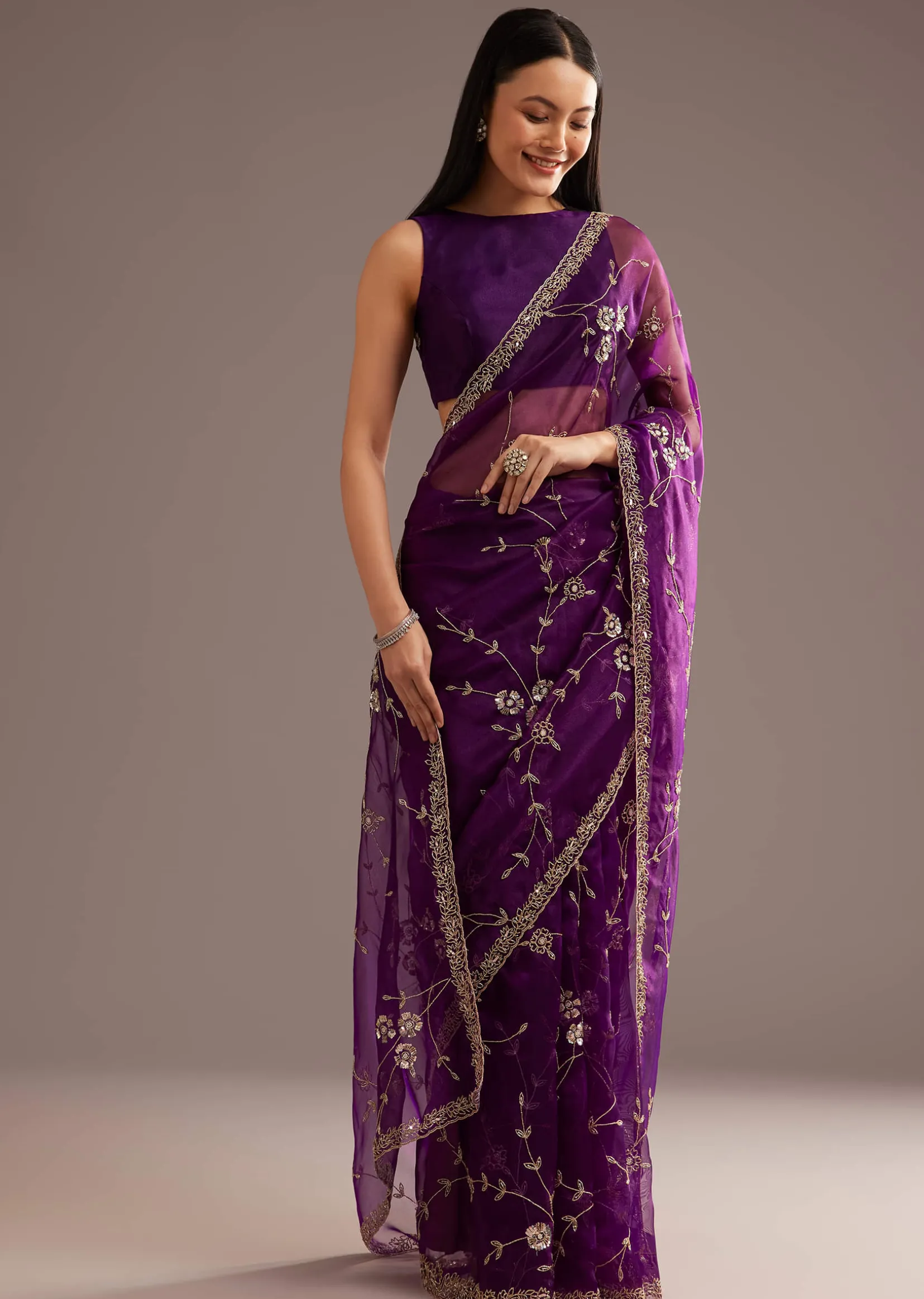 Purple Organza Tissue Saree With Sequins And Cutdana Jaal