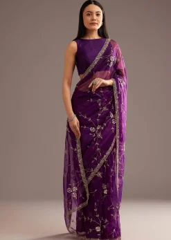Purple Organza Tissue Saree With Sequins And Cutdana Jaal