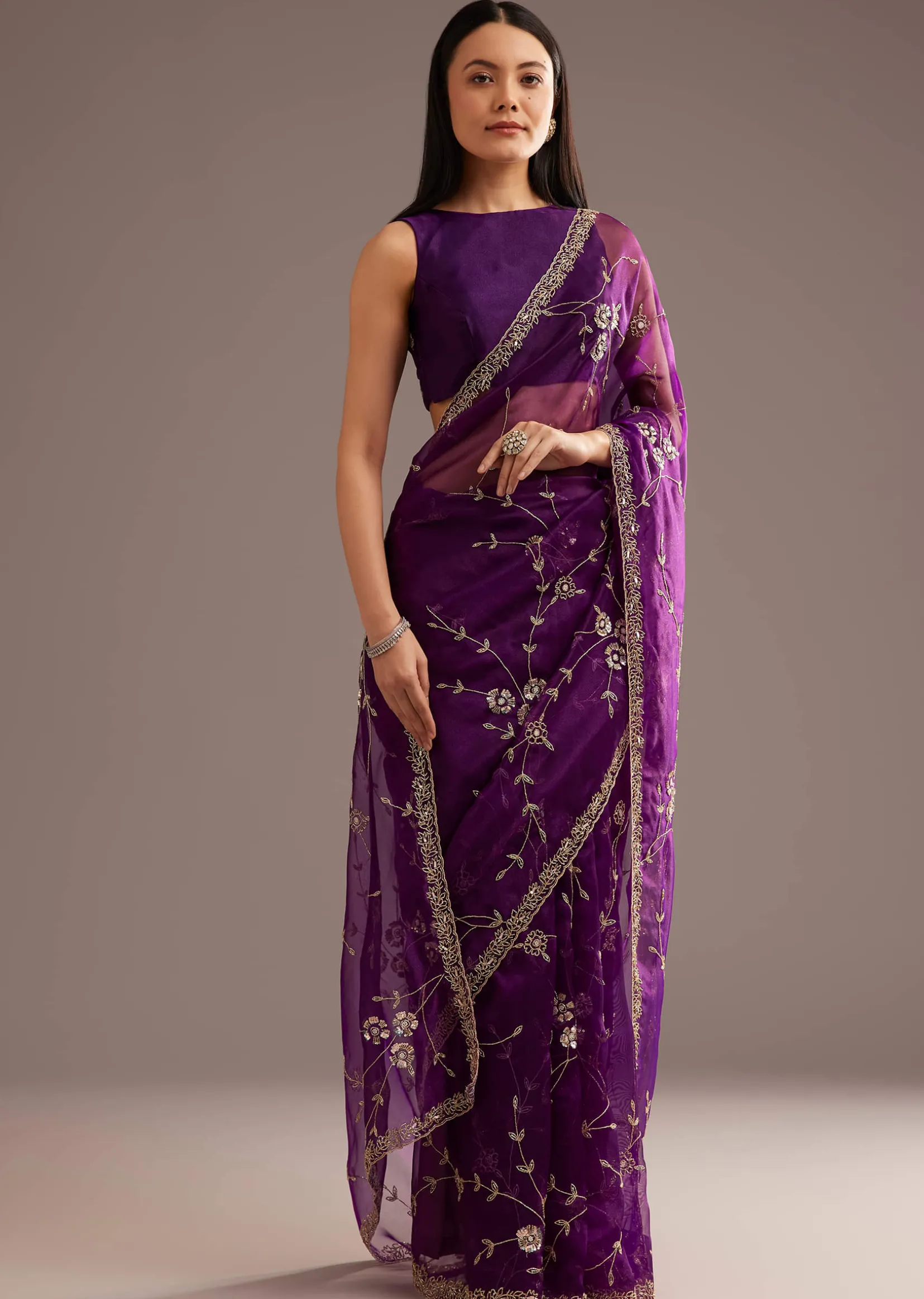 Purple Organza Tissue Saree With Sequins And Cutdana Jaal