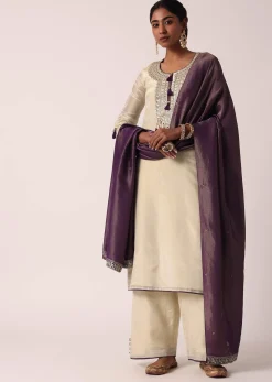 Purple Palazzo Set In Silk With Embroidered Kurta