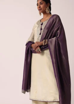 Purple Palazzo Set In Silk With Embroidered Kurta
