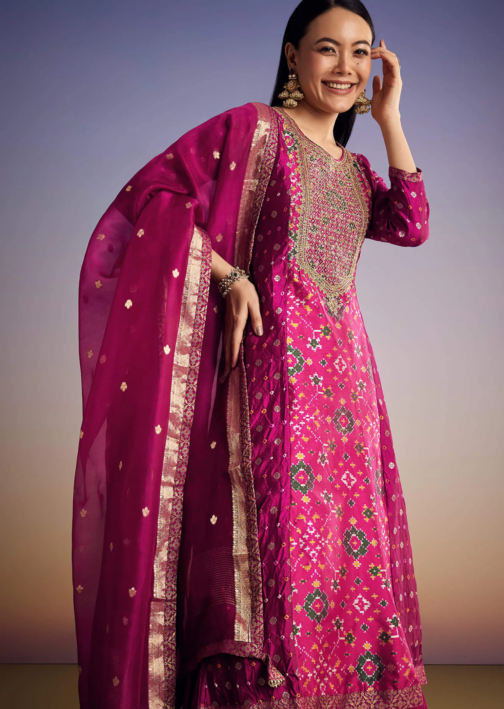 Purple Patola And Bandhani Print Kurta Set With Banarasi Dupatta