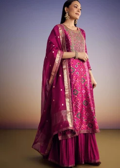Purple Patola And Bandhani Print Kurta Set With Banarasi Dupatta