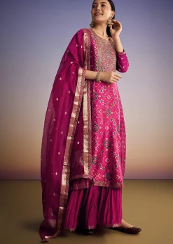 Purple Patola And Bandhani Print Kurta Set With Banarasi Dupatta