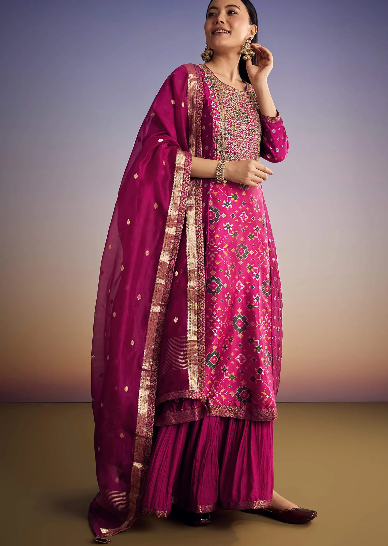 Purple Patola And Bandhani Print Kurta Set With Banarasi Dupatta