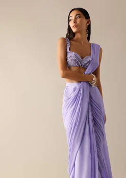 Purple Pre Pleated Saree with Pearl Embroidered Blouse
