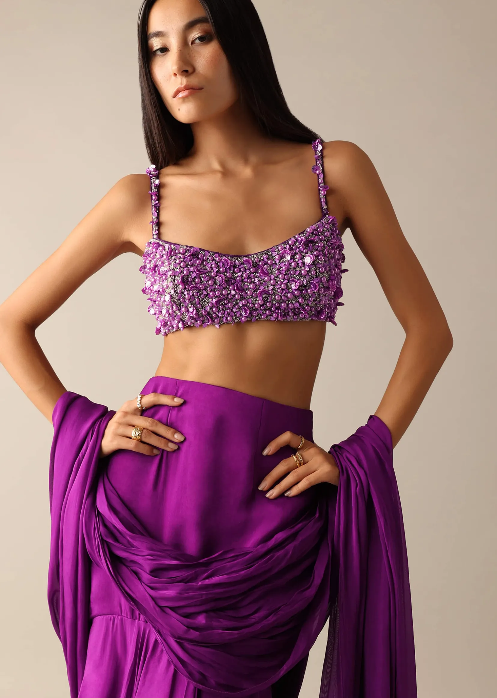 Purple Pre-Draped Layered Frill Saree with Embroidered Blouse - DEME X KALKI