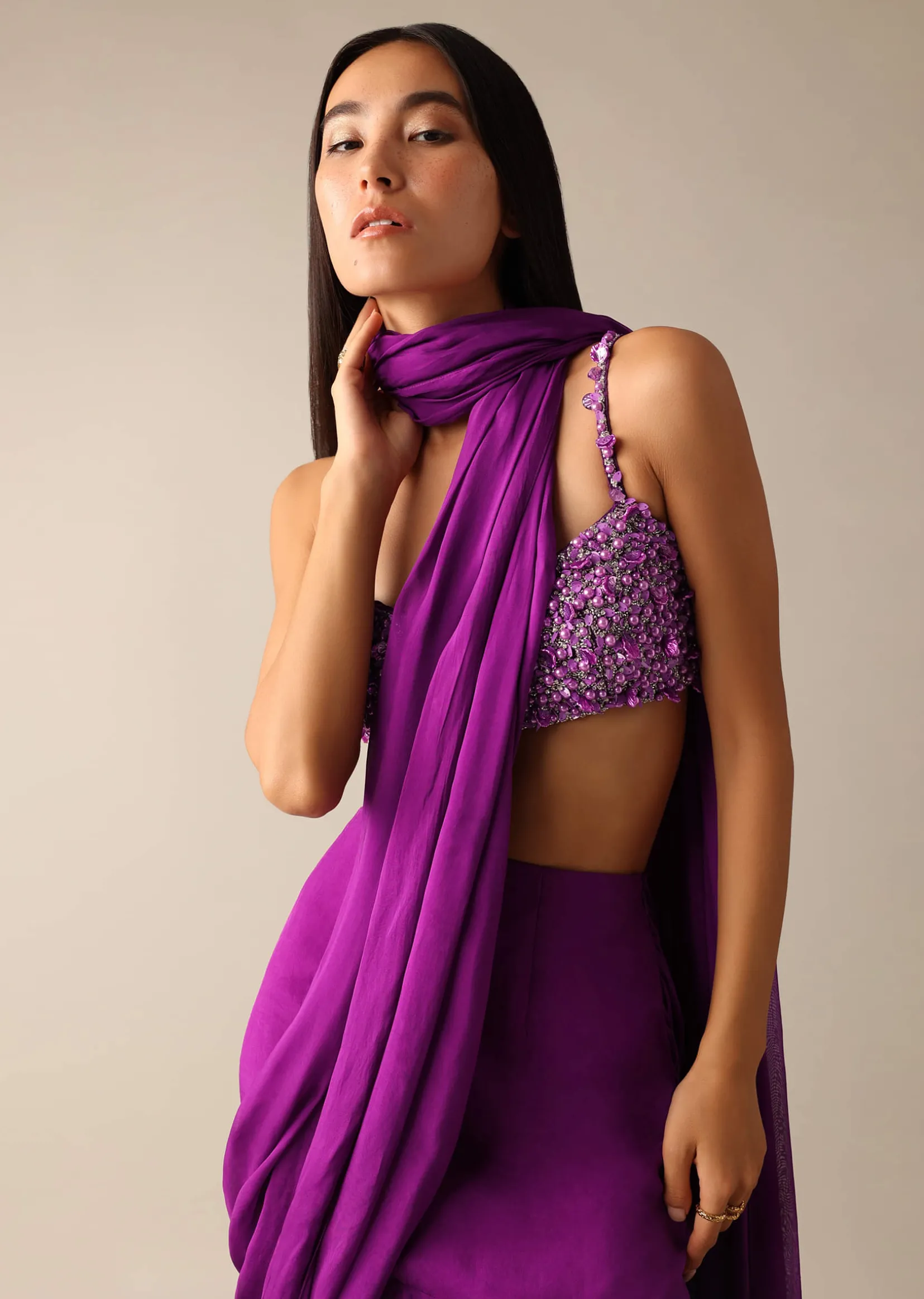Purple Pre-Draped Layered Frill Saree with Embroidered Blouse - DEME X KALKI