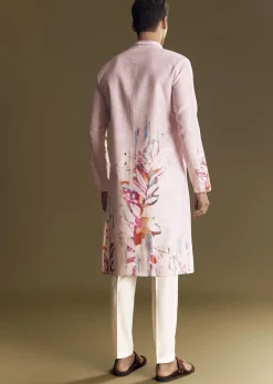Purple Printed Linen Kurta Set With Mandarin Collar