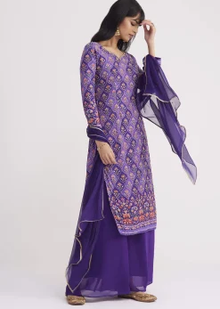 Purple Printed Mirror Work Kurta Set With Flared Palazzo