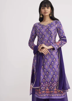 Purple Printed Mirror Work Kurta Set With Flared Palazzo