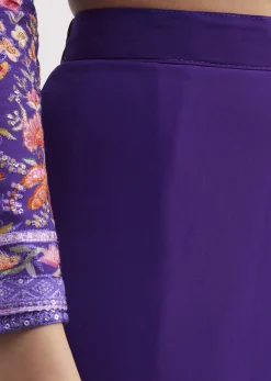 Purple Printed Mirror Work Kurta Set With Flared Palazzo