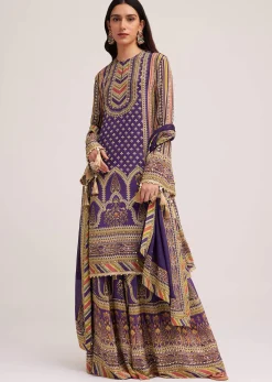 Purple Printed Palazzo Set With Mirror Work