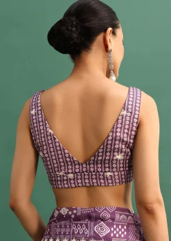 Purple Printed Satin Saree With Sequins Embroidered Border And Unstitched Blouse