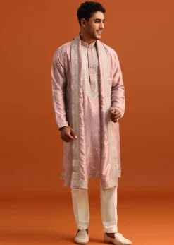 Purple Raw Silk Kurta Set With Thread Work Dupatta