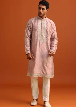 Purple Raw Silk Kurta Set With Thread Work Dupatta