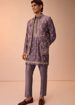 Purple Resham Work Kurta Jacket Set In Silk