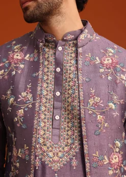 Purple Resham Work Kurta Jacket Set In Silk