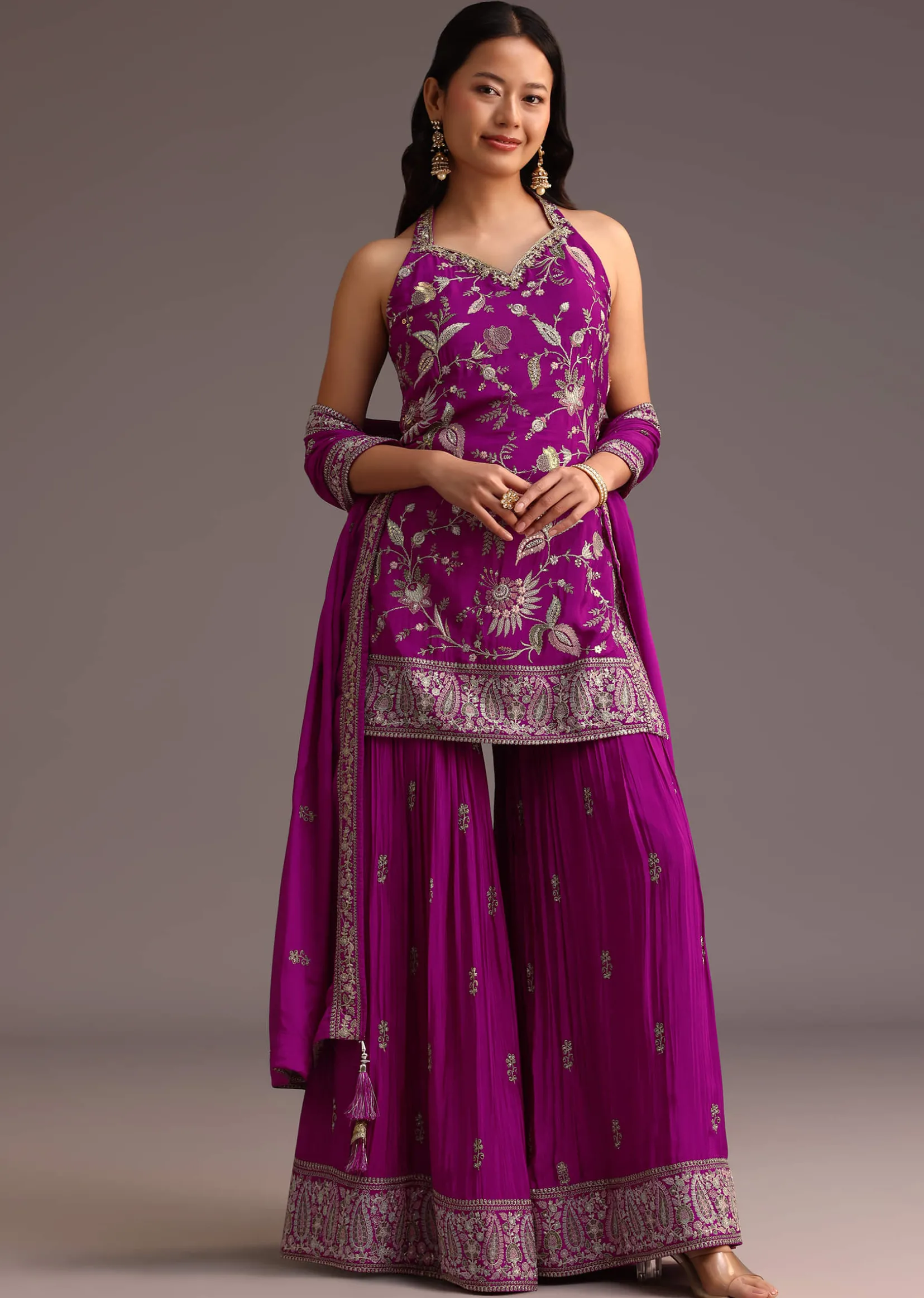 Purple Resham Work Sharara Set With Dupatta